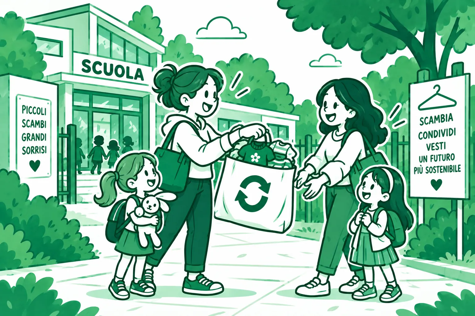 Illustrazione: davanti a una scuola una mamma passa a un'altra una borsa di vestiti usati, con le due bambine accanto.