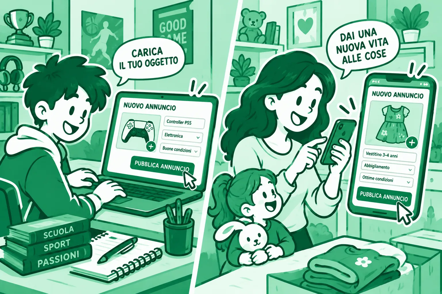Illustrazione: un ragazzo al computer e una mamma al telefono compilano il modulo «Nuovo annuncio» — foto, categoria e condizioni — e premono «Pubblica annuncio».