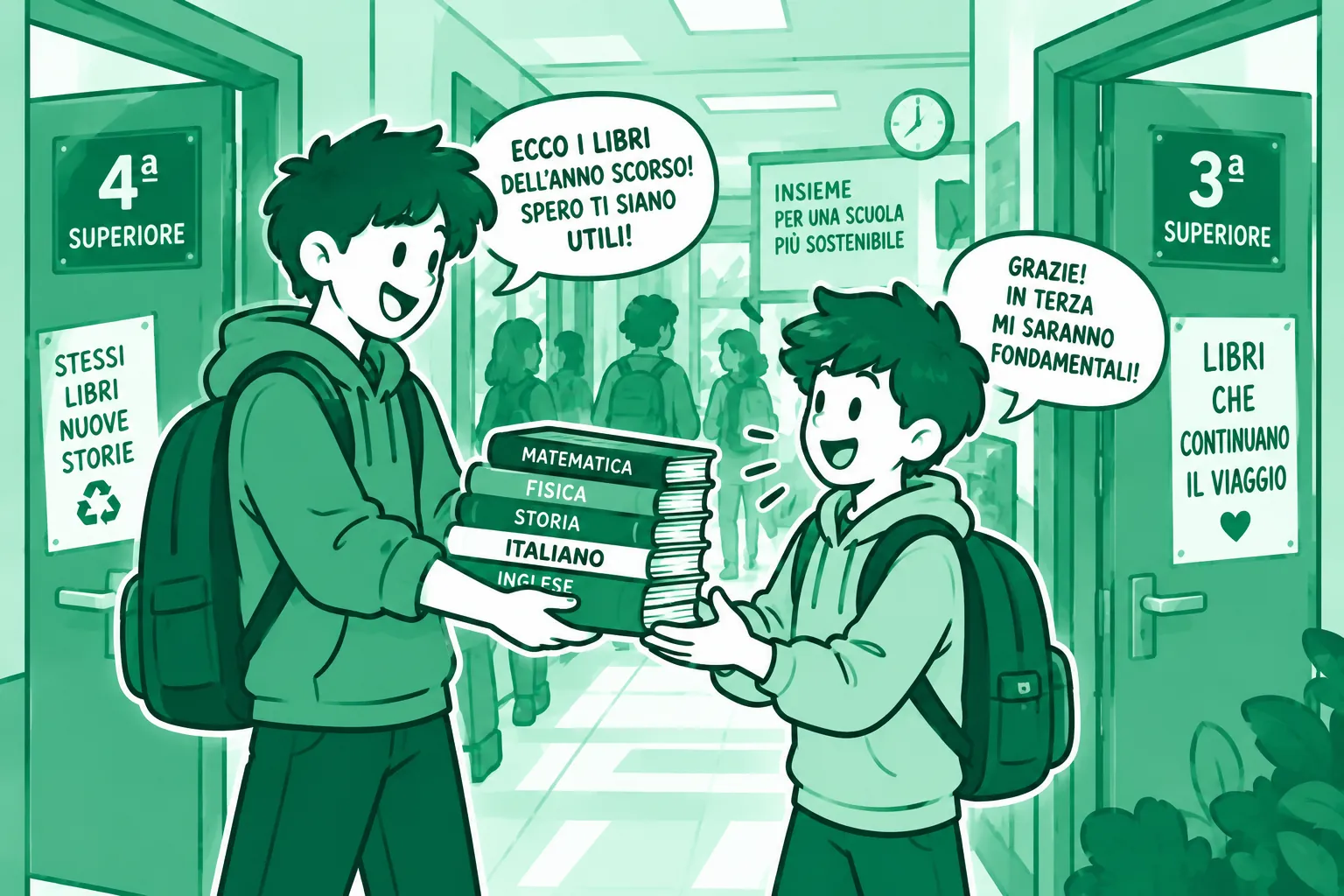 Illustrazione: due studenti si scambiano i libri di testo.