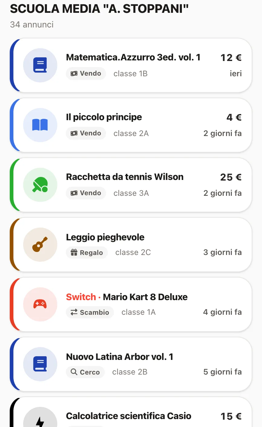 Elenco degli annunci di una scuola: libri, materiale sportivo, strumenti musicali, videogiochi, ciascuno con prezzo e classe.