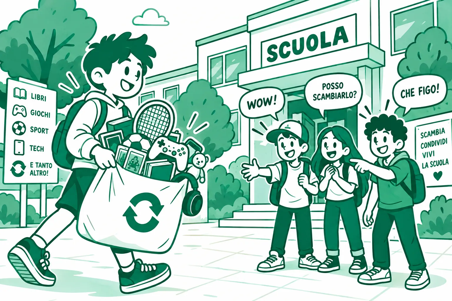 Illustrazione: davanti a scuola un ragazzo arriva con una borsa piena di libri, una racchetta, un pallone e un joystick, e tre compagni lo accolgono entusiasti.