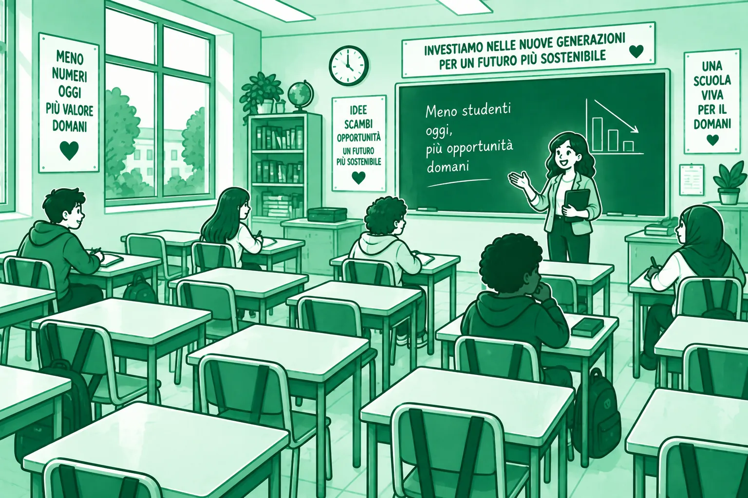 Illustrazione: una classe semivuota, con banchi liberi e pochi studenti.